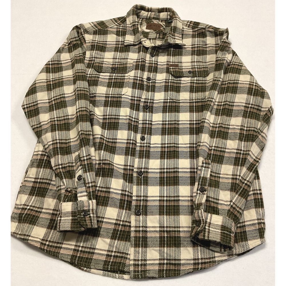 Orvis Mens XL Green Cream Plaid Flannel Button Down Shirt Long Sleeve Heavy